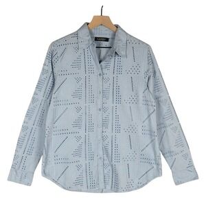 RALPH LAUREN Black Label Eyelet Shirt Sz‎ M Blue Cotton Long Sleeve Button Up